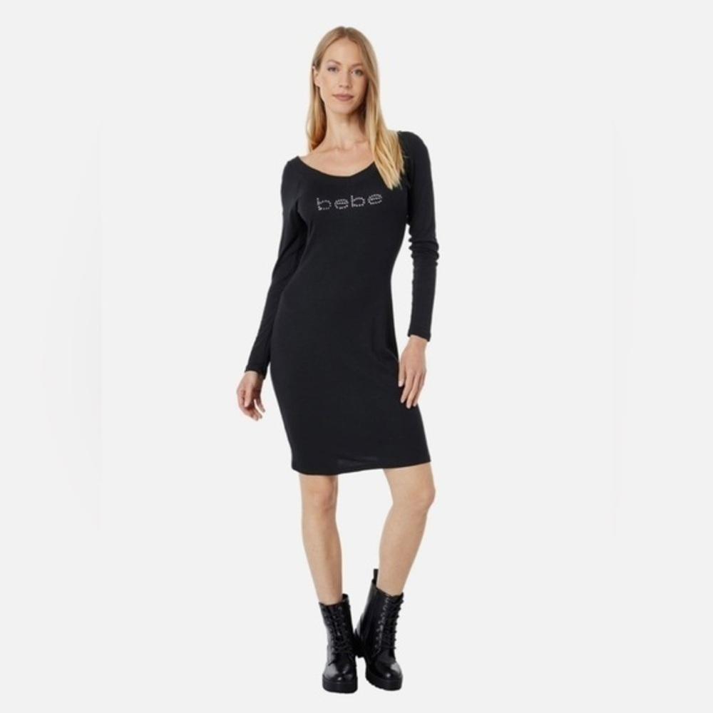 bebe Swarovski Logo Bodycon Dress XS Long Sleeve Double V Neck Fitted Glam